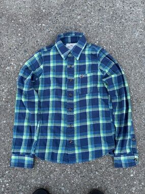 Hollister Blue and Lime Green Plaid Button-Down Shirt